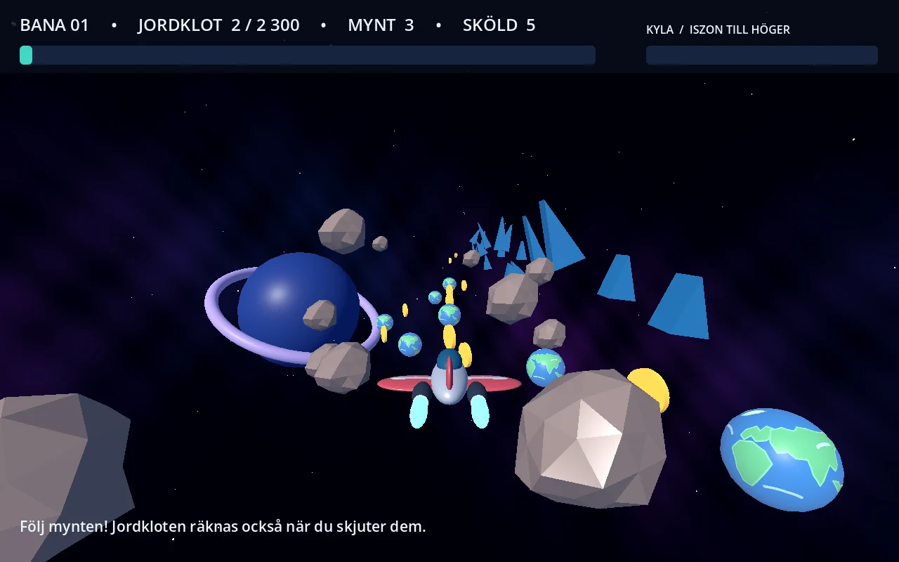 The first playable version of Edwin's space game, with a red-winged rocket, collectible Earths, gold coins, asteroids and blue ice crystals